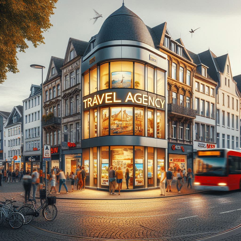 Ein mit KI erzeugtes Reisebüro in einem Fantasiegebäude in einer Stadt. Dieses Reisebüro gibt es nicht in der Realität. 