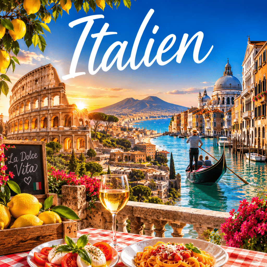 Reiseziele in Italien wie z.B. Kalabrien, Sizilien, Sardinien, Kampanien, Venedig, Garda See, Rom, Ischia, Capri, Amalfi, Umbrien, Sorrent, Mailand, Lago die Maggiore, Verona, Tropea